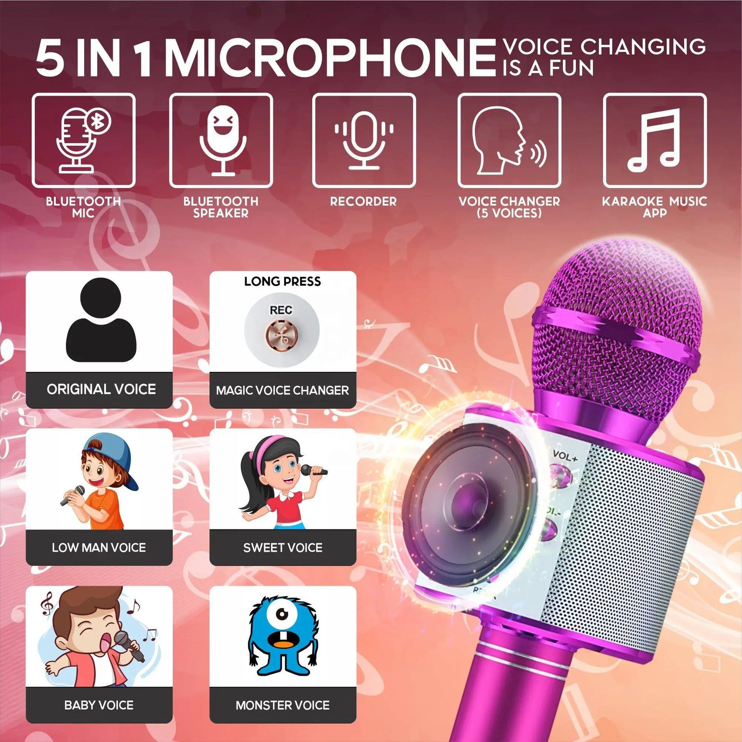 Wireless Bluetooth Karaoke Microphone , Karaoke Mic Speaker With Adjustable Remix FM Radio for Kids Girls Boys Teens Birthday